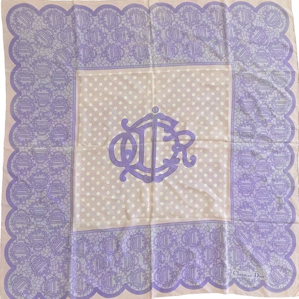 Auth. Christian Dior Pink & Lavender Silk Scarf Polka Dot & Logo Monogram Design